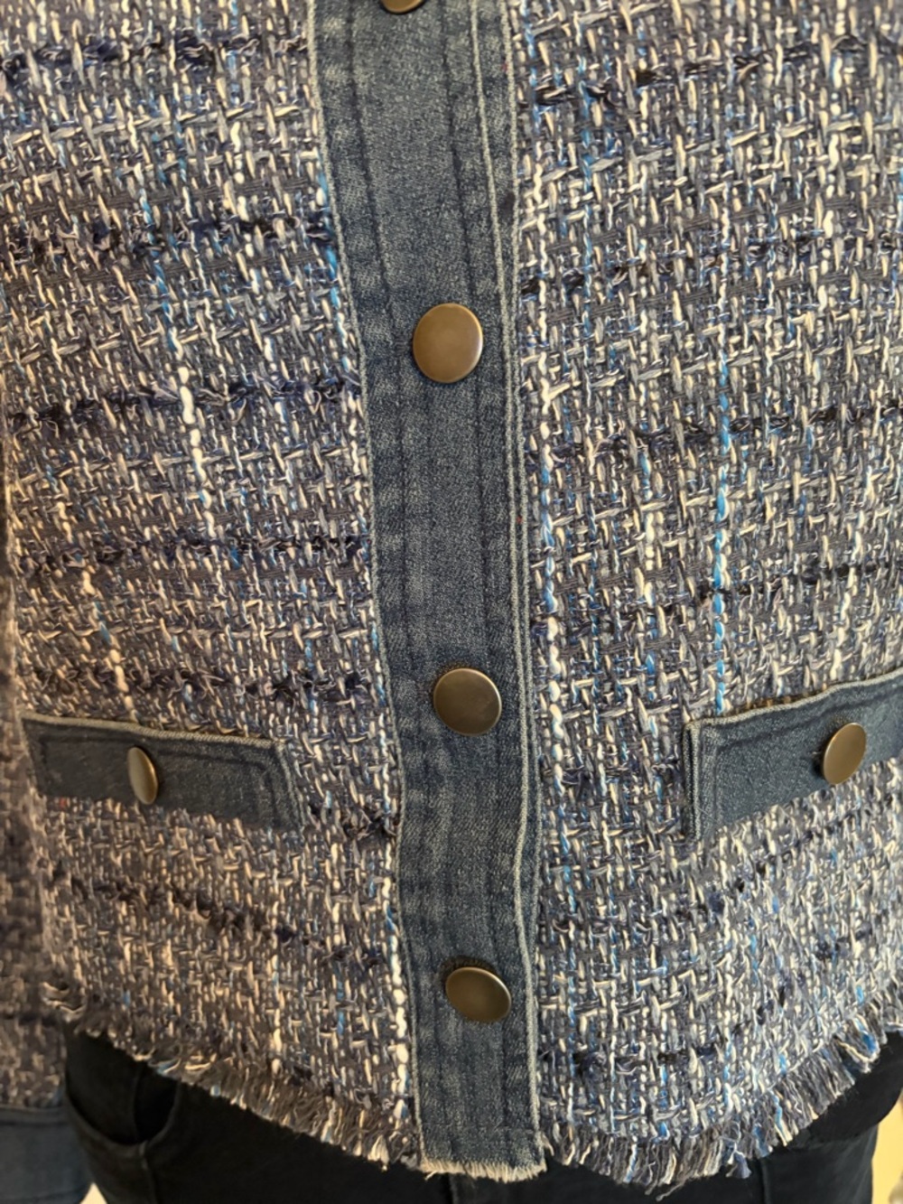 #645 ecru Mixed Media Textured Blue Tweed Collarless Jacket with denim trim - Picture 5 of 12